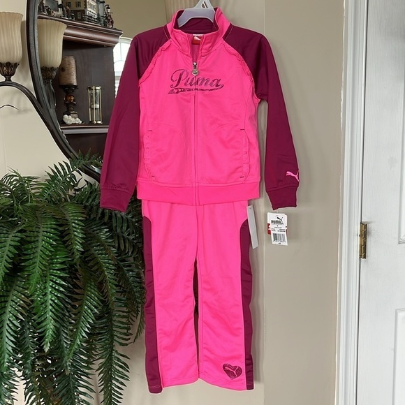 Brand New Puma Neon Pink Tracksuit Zip Up Track Jacket & Pants Glitter Ruffle - Picture 1 of 16